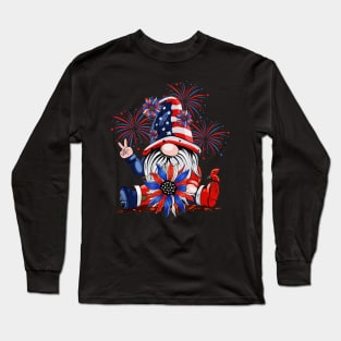 4th Of July American Flag Patriotic Gnome with sunflower Long Sleeve T-Shirt